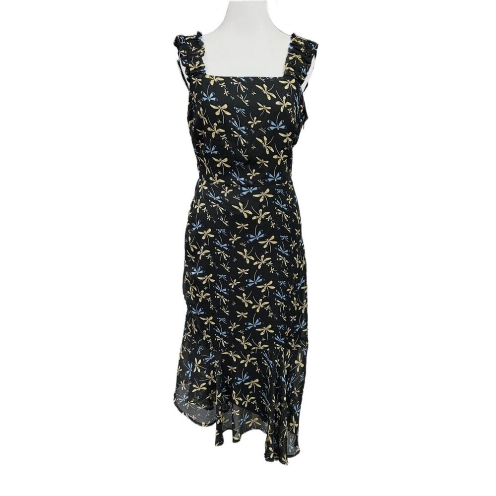 Sam Edelman Asymmetic Dress Ruched Ruffle Dragonfly Print Midi Sz 8 Black